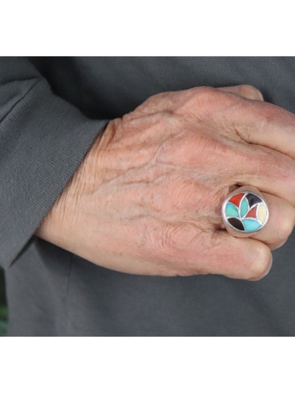 Men's or Women's Sterling Silver Turquoise Coral Onyx Ring Size 9 1/2 - Picture 3 of 9